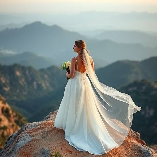 Aerial view of a bride in a flowing white dress standing on a mountaintop during her wedding.