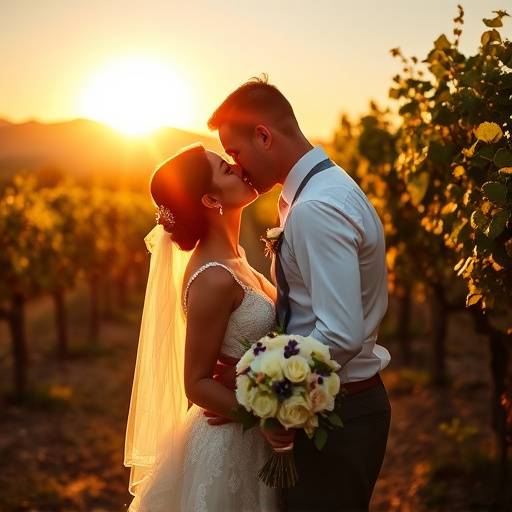 Bride and groom sharing a kiss during their wedding ceremony in a sun-drenched vineyard.
