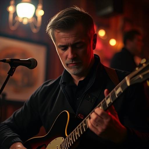 Portrait of a musician with his guitar, captured in a dimly lit jazz club.